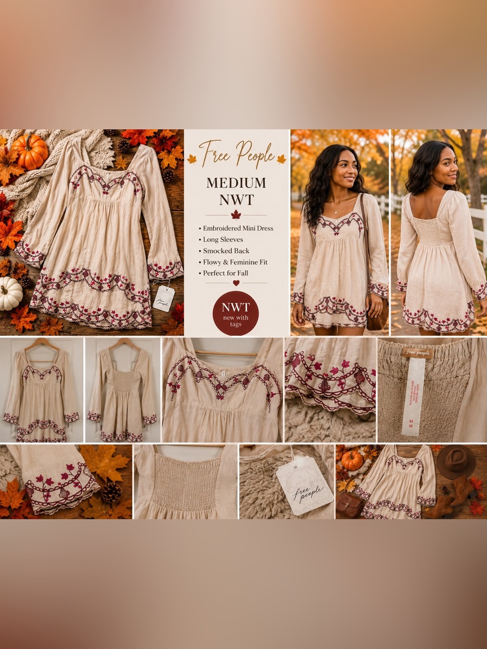 Free People Embroidered Mini Dress Cream Burgundy Long Sleeve Medium NWT